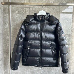 Moncler Shiny Black Puffer Jacket with Red Accents